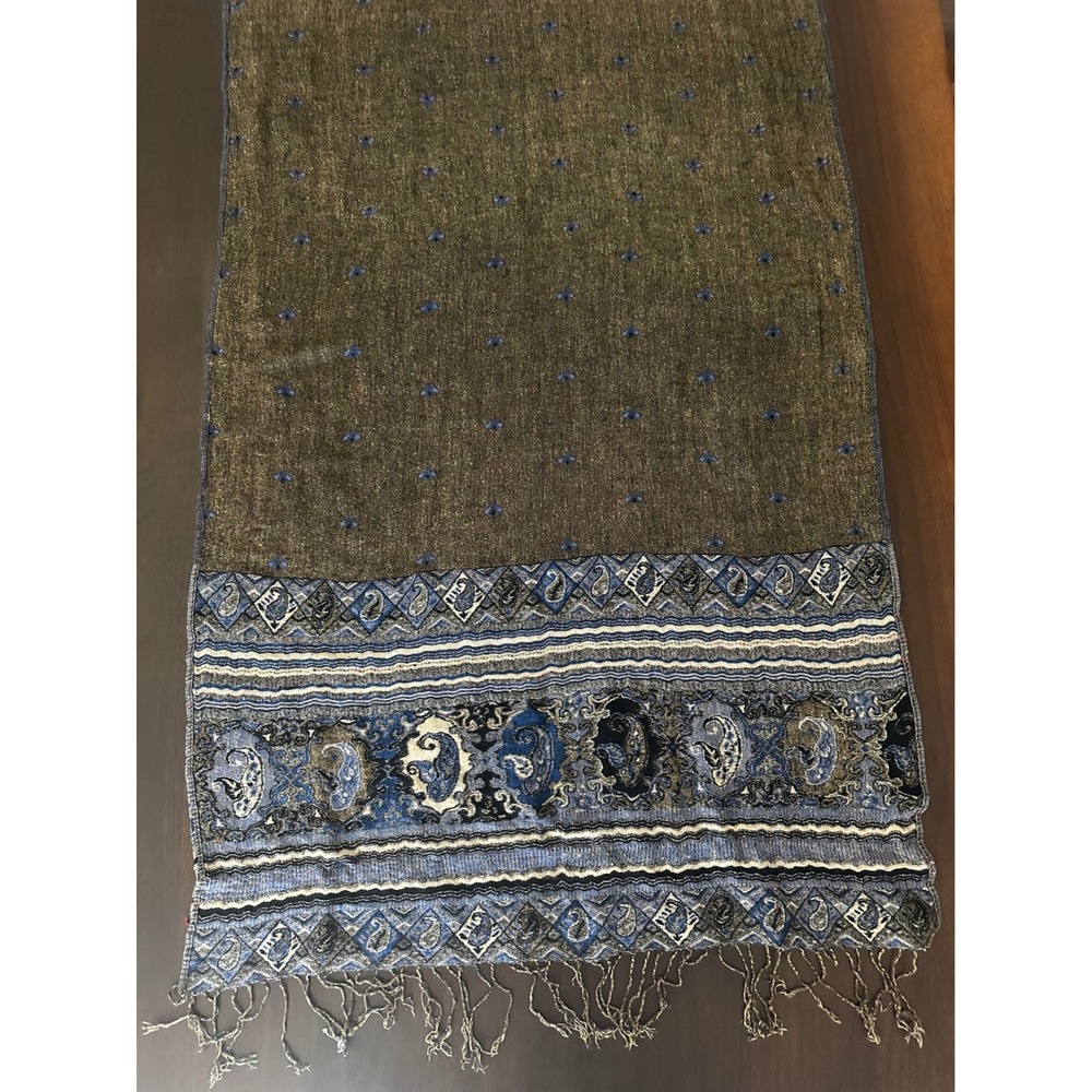 Blue & Olive Reversible Paisley Pashmina Shawl Fringe Wrap Scarf Bohemian - Picture 3 of 8